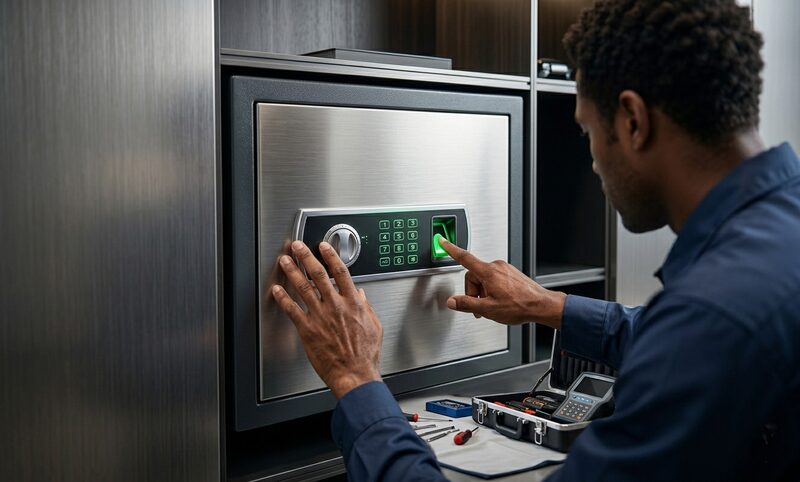 PM Locksmiths technician servicing a business safe and access control keypad on site